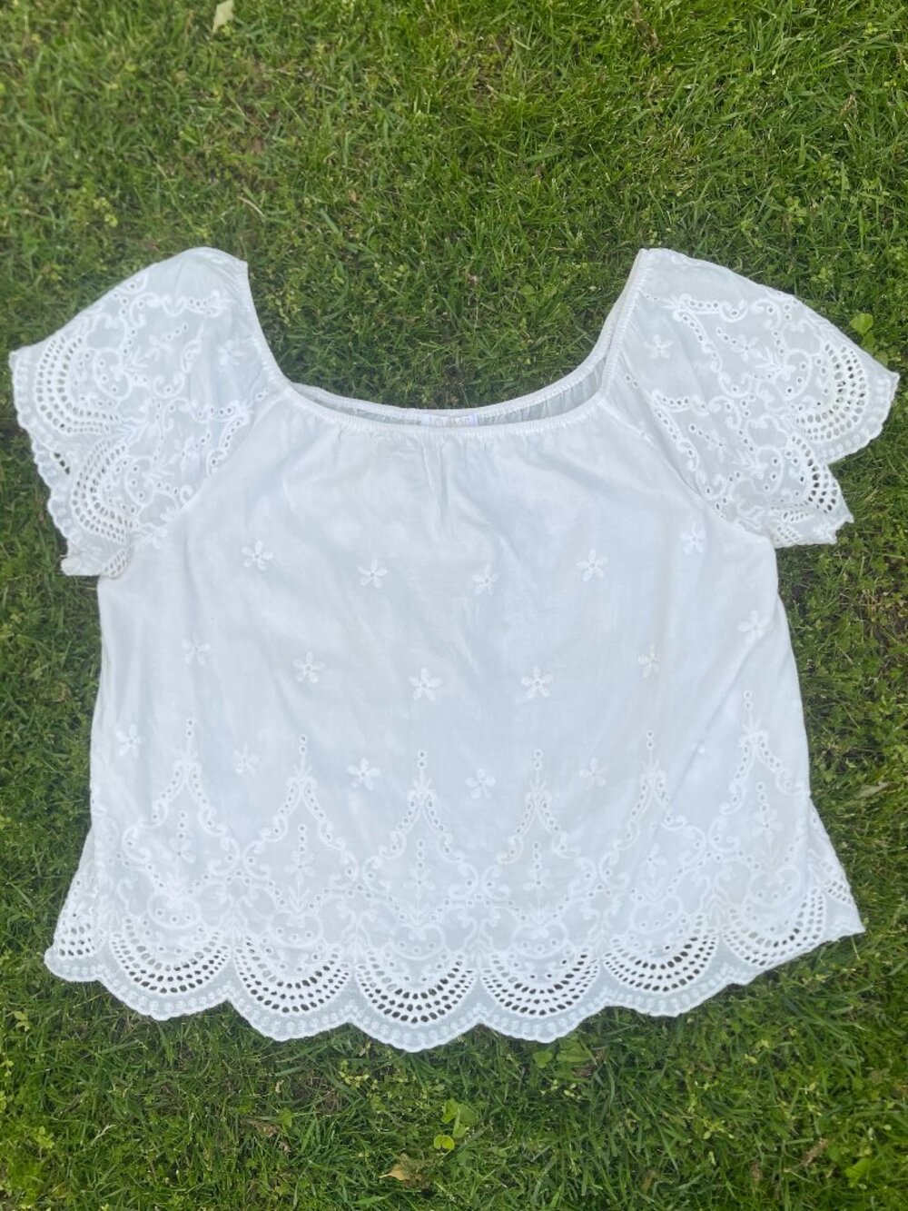 BKK Chance Womens XL Short Sleeve White Eyelet Lace Peasant Cottagecore Top